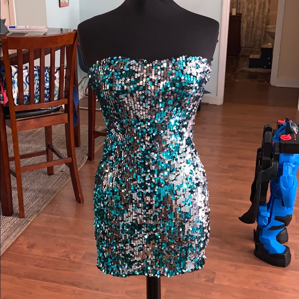 Blue and silver sequin strapless dress